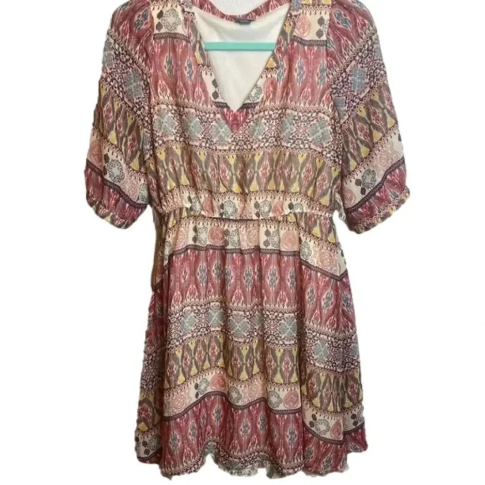 Vanity knee length boho dress with‎ cream lace trimmed slip underneath.